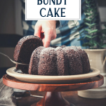 Serving a slice of chocolate bundt cake with text title overlay