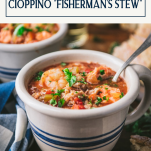 Cioppino recipe in a bowl with text title overlay