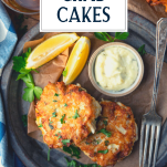Close overhead shot of the best Maryland crab cake recipe with text title overlay