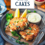 Side shot showing how to make crab cakes with text title overlay