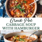 Long collage image of Crockpot cabbage soup with hamburger.
