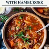 Crockpot cabbage soup with hamburger and text title box at top.