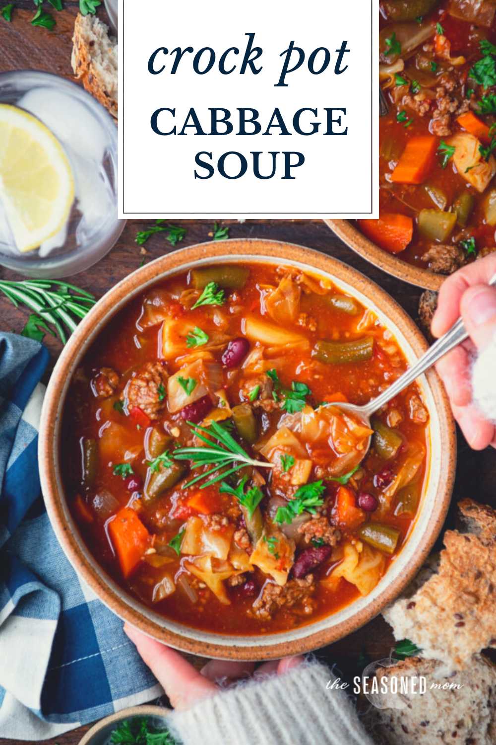 Crockpot cabbage soup with hamburger and text title overlay.