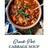 Crockpot cabbage soup with hamburger and text title at the bottom.