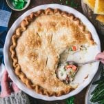 Close overhead square image of an easy chicken pot pie recipe
