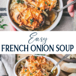 Imagen de collage largo de receta fácil de sopa de cebolla francesa