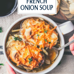 Overhead image of eating a bowl of easy French onion soup with text title overlay