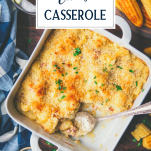 Overhead shot of ham and cheese casserole with text title overlay.