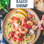 Hands eating a bowl of baked shrimp with text title overlay