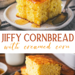 Long collage image of Jiffy cornbread with creamed corn.
