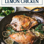 Close up side shot of roasted lemon garlic chicken with text title box at top