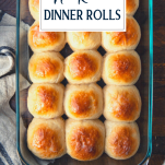Overhead shot of a pan of easy dinner rolls with text title overlay