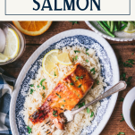 Overhead image of orange glazed salmon with text title box at top.