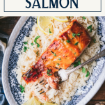 Close overhead shot of orange salmon on a plate with rice with text title box at top.