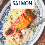 Primer plano cenital de salmón anaranjado en un plato con arroz con superposición de título de texto