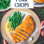 Overhead image of breaded pork chop recipe on a plate with text title overlay.