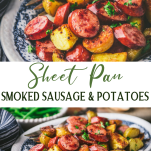 Long collage image of sheet pan smoked sausage and potatoes