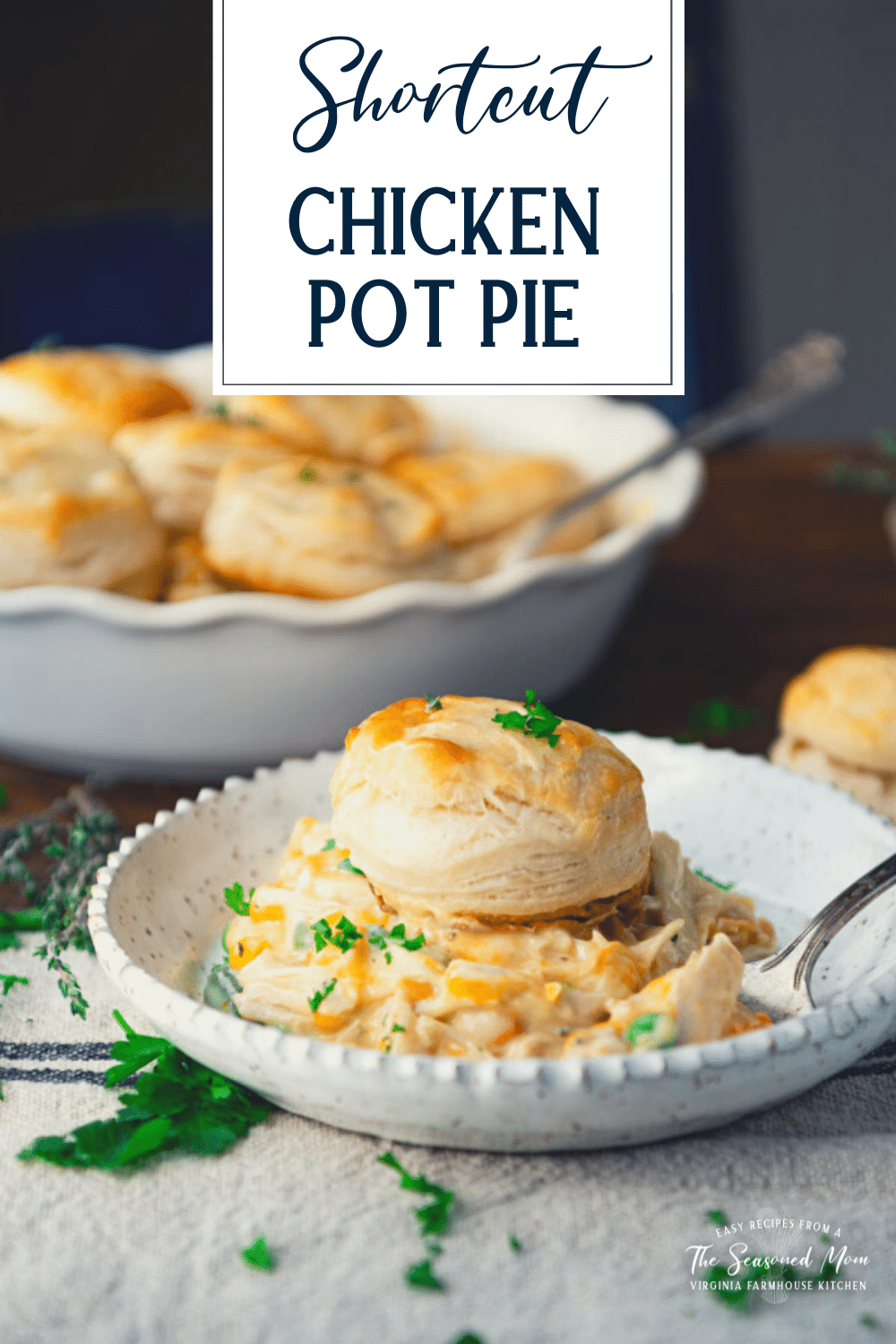 Plate of chicken pot pie with biscuits with text title overlay
