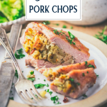 Side shot of baked boneless stuffed pork chops on a plate with text title overlay
