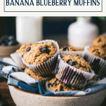 Bowl of healthy banana blueberry muffins with text title box at top.