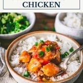 Baked sweet and sour chicken with text title box at top.