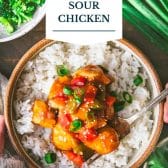 Baked sweet and sour chicken with text title overlay.