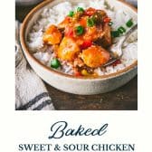 Baked sweet and sour chicken with text title at the bottom.