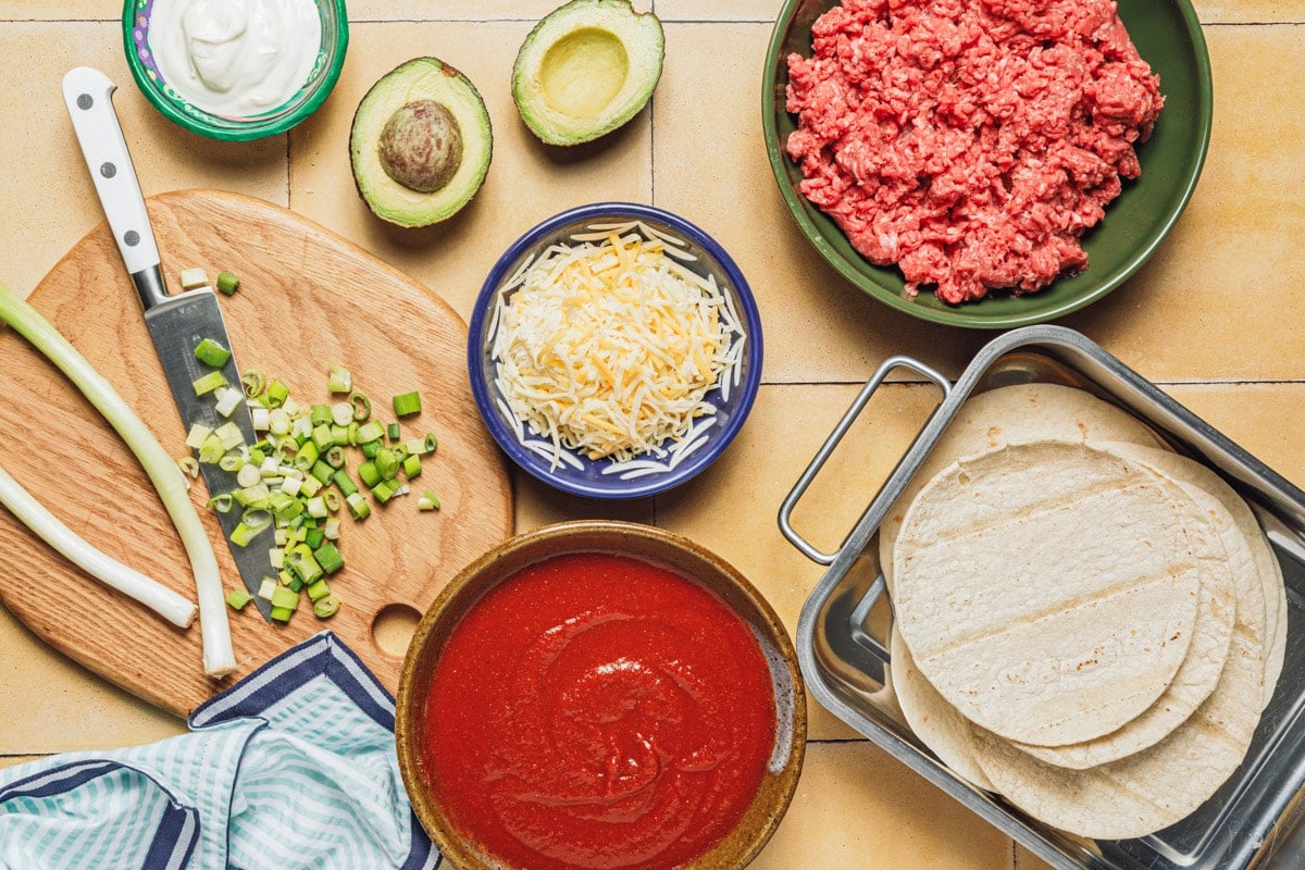 Ingredients for an easy beef enchilada casserole recipe.