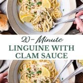 Long collage image of linguine with clam sauce.