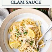 Linguine with clam sauce and text title box at top.