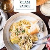 Linguine with clam sauce and text title overlay.