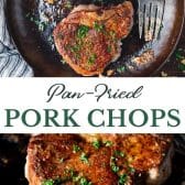 Long collage image of pan fried pork chops.