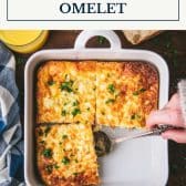 Baked ham and cheese omelet with text title box at top.