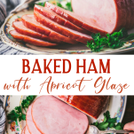 Long collage image of baked ham with apricot glaze