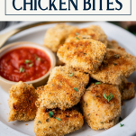 Close up side shot of baked Italian chicken nuggets with text title box at top