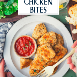 Overhead shot of a fork eating chicken bites with text title overlay