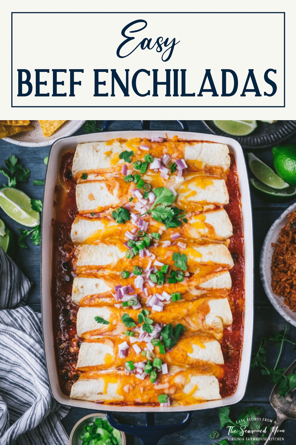 Overhead image of a pan of beef enchiladas with text title box at top