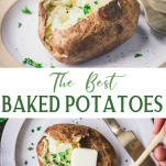 Long collage image of baked potato in oven