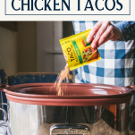 Process shot showing how to make crockpot mexican chicken with text title box at top