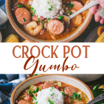 Long collage image of crockpot gumbo recipe