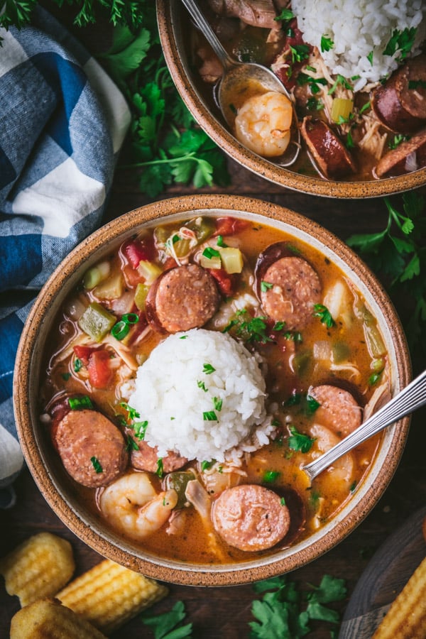 Bowl of easy gumbo recipe with rice