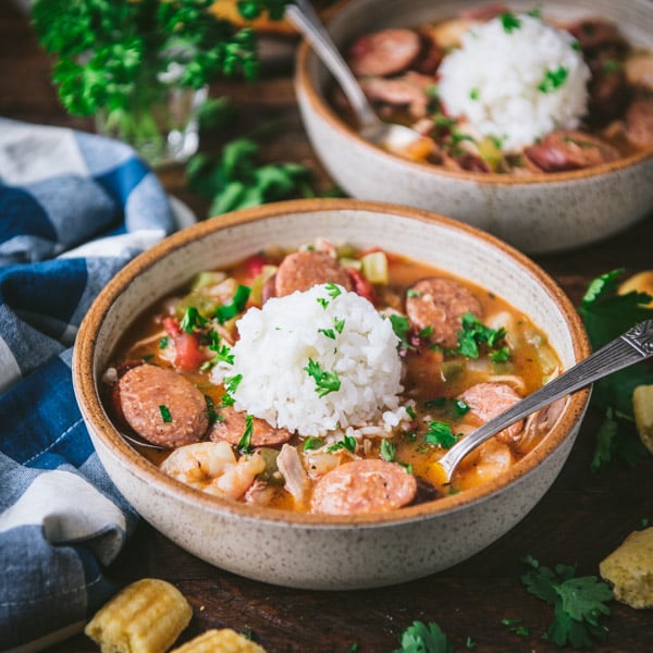 Square side shot of two bowls of the best gumbo recipe