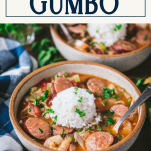 Side shot of a bowl of crockpot gumbo with text title box at top