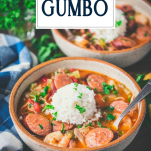 Side shot of spoon in a bowl of crock pot gumbo with text title overlay