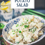 Side shot of a bowl of easy potato salad recipe with text title overlay