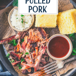 Overhead shot of a plate of mississippi pulled pork with text title overlay