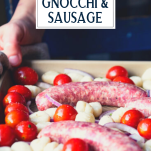 Tray of gnocchi and sausage with text title overlay