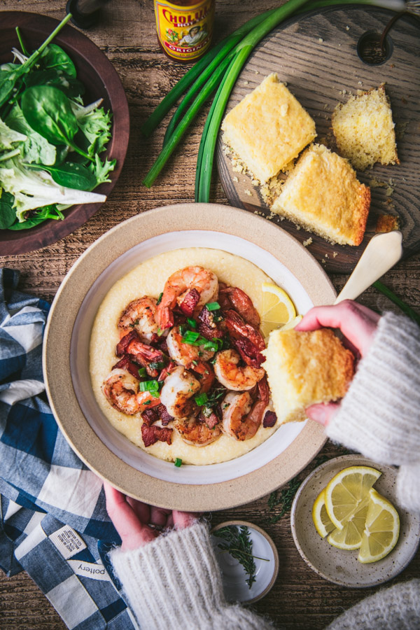 Southern shrimp and grits recipe served with cornbread