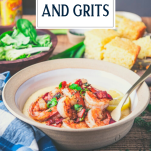 Side shot of southern shrimp and grits recipe with text title overlay
