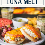 Tuna melts on a white plate with text title box at top